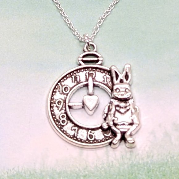 White Rabbit & Pocket Watch Alice in Wonderland Silver Necklace - Picture 1 of 3